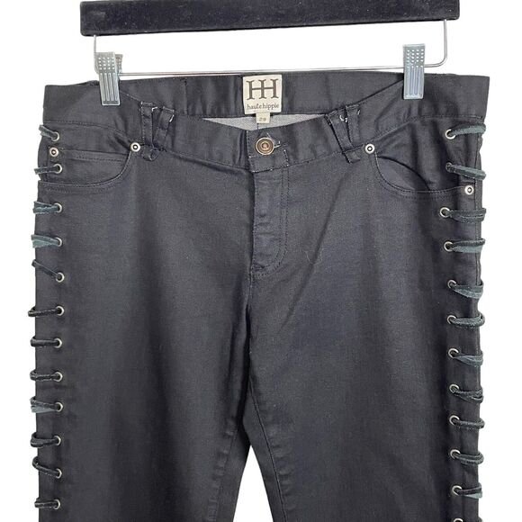 Haute Hippie Lace-Up Stretch Denim Pants Black Size 29 Ankle Zip HHHO10-4102 - Picture 4 of 8